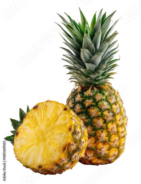 Fototapeta Fresh pineapple, whole and halved, vibrant yellow flesh