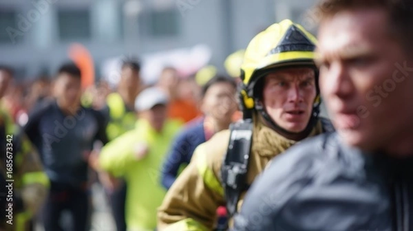 Fototapeta Medium shot of trainees practicing fire evacuation drills main subject in sharp focus with other participants out of focus behind.