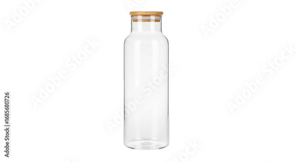 Fototapeta Empty Glass Bottle with Natural Bamboo Lid Isolated on White Background. Reusable Clear Bottle for Water, Beverages, Oils, or Home Decor.