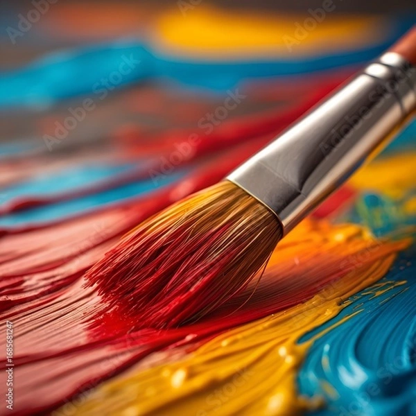Fototapeta Close-Up of Paintbrush with Vibrant Acrylic Colors on Palette