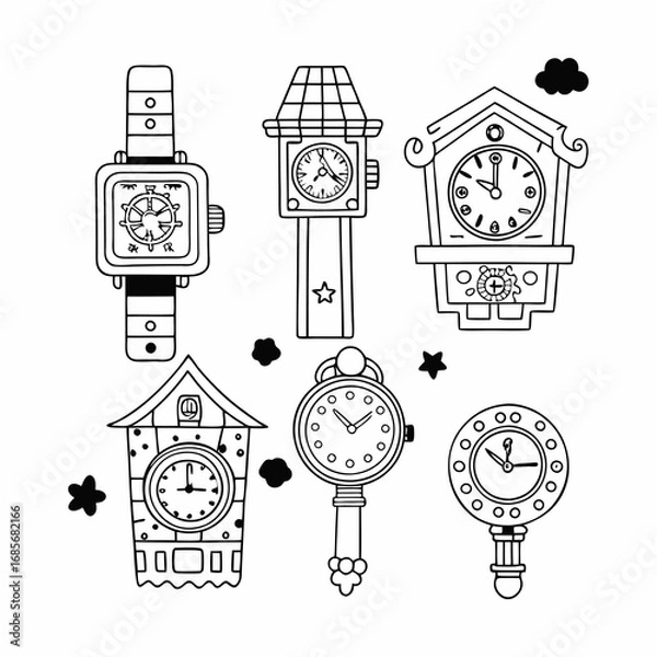 Fototapeta Watches set. drawing clocks timers alarms pictures collection.
