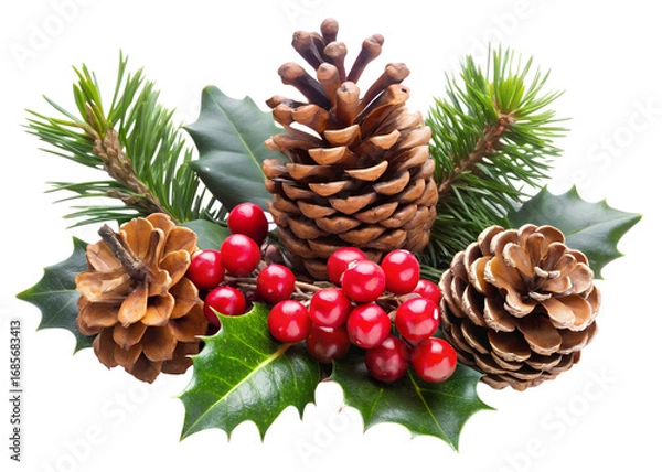 Fototapeta Christmas decoration with pine cones, holly leaves, and red berries, isolated on transparent background