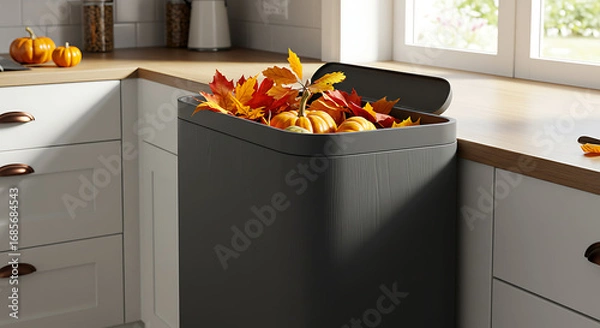 Obraz Stylish Compost Bin for Kitchen Autumn Leaf and Pumpkin Disposal