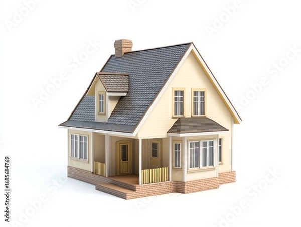 Fototapeta 3D rendering of a cozy house with a pitched roof, illustrating modern residential architecture design.