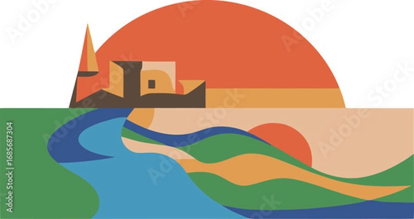Fototapeta Vibrant abstract landscape with flowing river and warm sunset over rolling hills.
