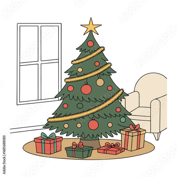 Fototapeta Vector illustration of a decorated Christmas tree with gifts and stars on a winter background