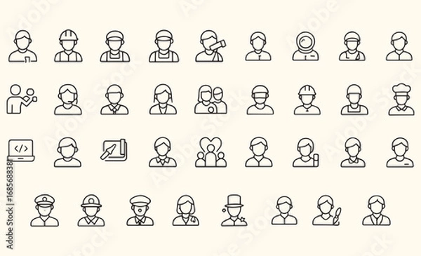 Fototapeta Minimalist Profession Line Icons – Editable Stroke  Scientist, Chef, Teacher, Astronaut, Developer, Nurse, Soldier, Artist & Career Symbols for Education, HR Platforms & Commercial Use


