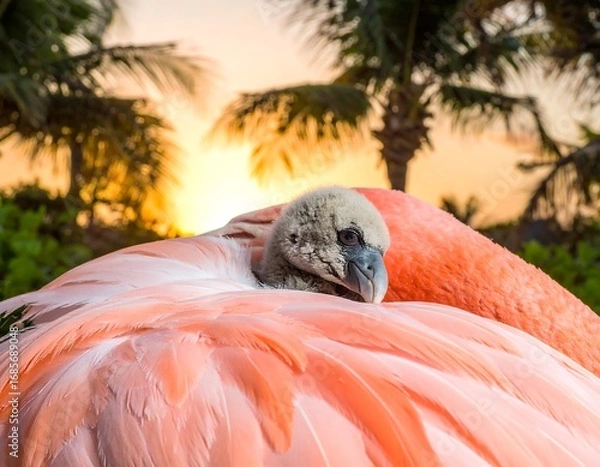 Fototapeta Close-up of flamingo chick nestled in plumage