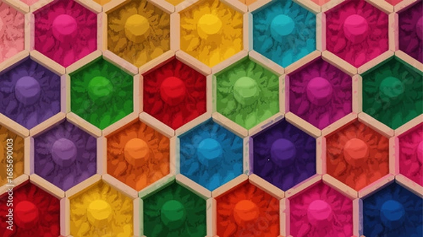 Fototapeta Vibrant hexagonal grid filled with colorful powders, creating a cheerful and artistic pattern.