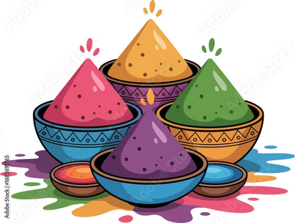 Fototapeta Vibrant bowls brimming with colorful powders, celebrating festive occasions with joyous hues.