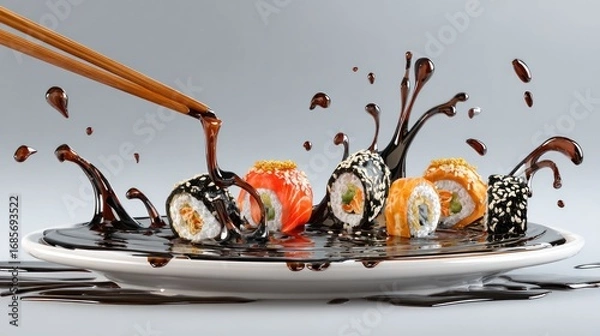 Fototapeta Sushi rolls covered in splashing sauce, chopsticks dipping, on white plate