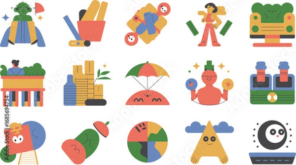 Fototapeta Vibrant and playful flat design icons representing diverse concepts like finance, travel, and creativity.