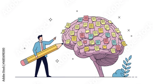 Fototapeta Man with pencil organizes ideas in brain covered with sticky notes