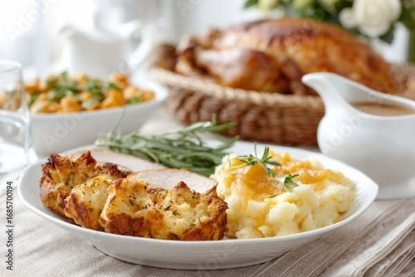 Obraz Plate of food with mashed potatoes, gravy, and turkey