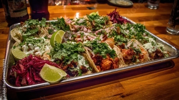 Fototapeta Tray of diverse tacos piled high with toppings sits on a wooden table