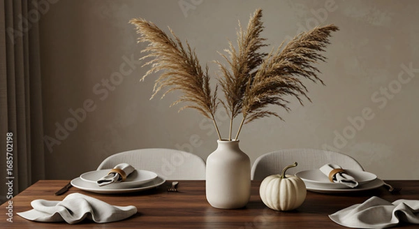 Obraz Autumnal Table Setting with Pampas Grass and Pumpkin