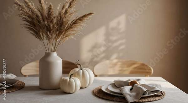 Obraz Autumnal Table Setting with Pumpkins and Pampas Grass in Soft Light