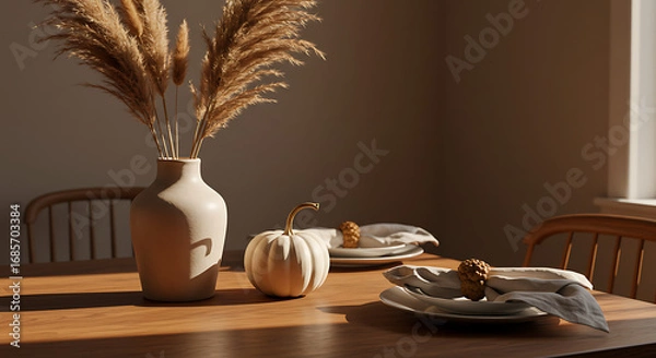 Obraz Autumnal Table Setting Warm Sunlight, Pampas Grass, and Pumpkins