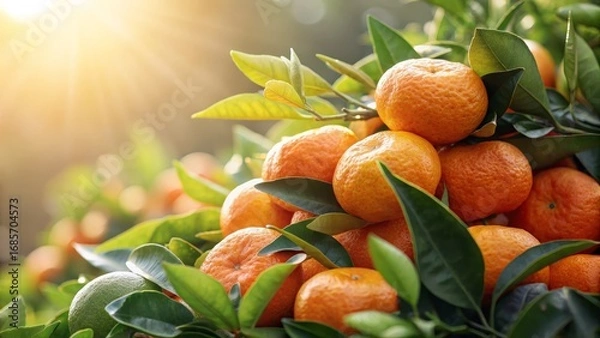 Fototapeta Sunlit Mandarin Orchard Close-up Composition of Ripe Oranges with Lush Green Leaves, Citrus Fruit Harvest, Oranges in sunlight Keywords Mandarin, Citrus