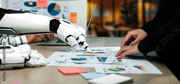 Fototapeta A strategic planning session where AI enhances data accuracy, helping professionals refine marketing approaches and strengthen research-based initiatives. Noogenesis AI