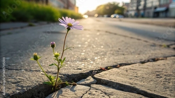 Fototapeta Sunrise Flower in Crack Close-up Composition, Urban Setting, Resilience Concept Keywords Perseverance, Nature