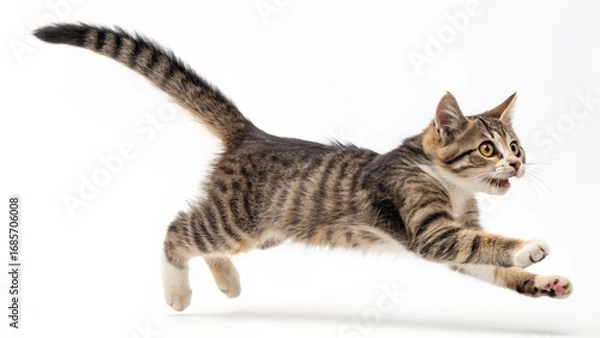 Fototapeta Tabby Kitten in Mid-Leap Dynamic Composition, White Background, Playful Concept, Kitten Photography pet photography, feline