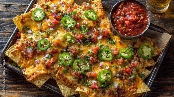 Fototapeta Loaded nachos with cheese, jalapenos, salsa on rustic tray