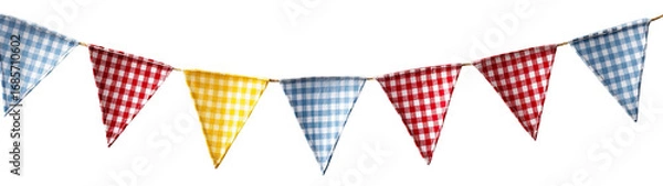 Fototapeta A garland of triangular flags in red, blue, and yellow gingham