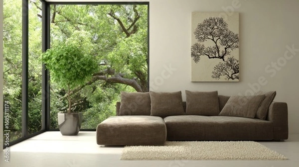 Fototapeta Bright living room with lush greenery seen through a large window