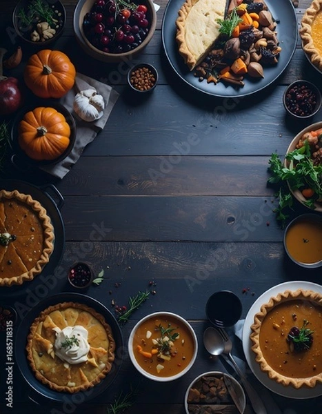 Fototapeta Festive Spread with Pies, Soups, and Fresh Produce on Rustic Table. AI Generative Illustration