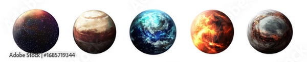 Fototapeta Five Alien Planets Composition Digital Art, Isolated on Transparent Background, Planets, Space, Cosmic