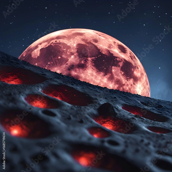 Obraz Crimson Planet: Glowing Lava Pits on a Lunar Surface, Night Sky, Astronomical Phenomenon, Planetary Landscape, Space Exploration, Science Fiction Art