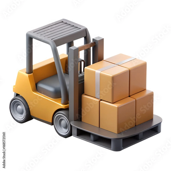 Obraz 3D Render of Yellow Forklift Lifting Cardboard