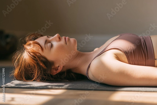 Obraz A person practicing progressive muscle relaxation lying on a yoga mat, eyes closed, complete calm, home environment, peaceful
