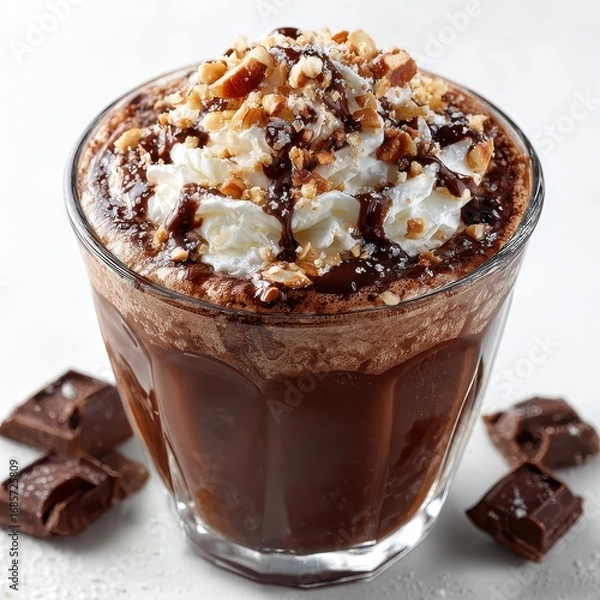 Fototapeta Decadent Hot Chocolate with Whipped Cream, Nuts, and Chocolate Syrup