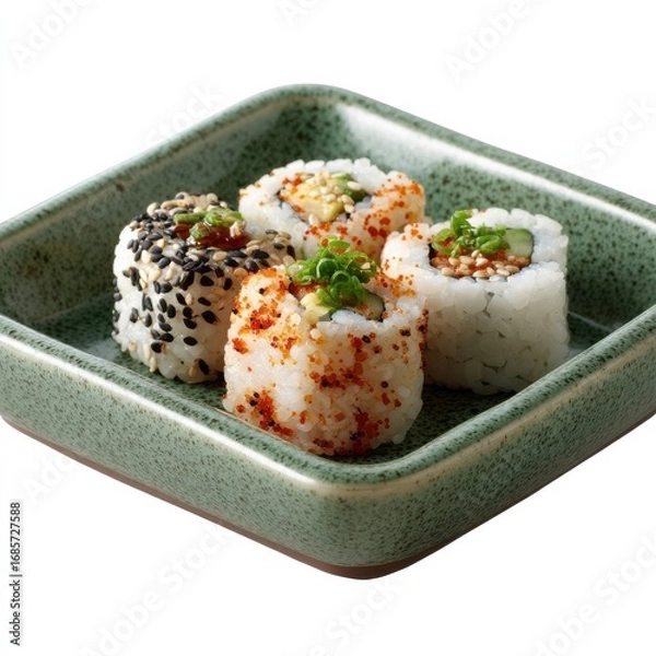 Fototapeta Colorful Sushi Rolls Served on a Green Plate with Garnish