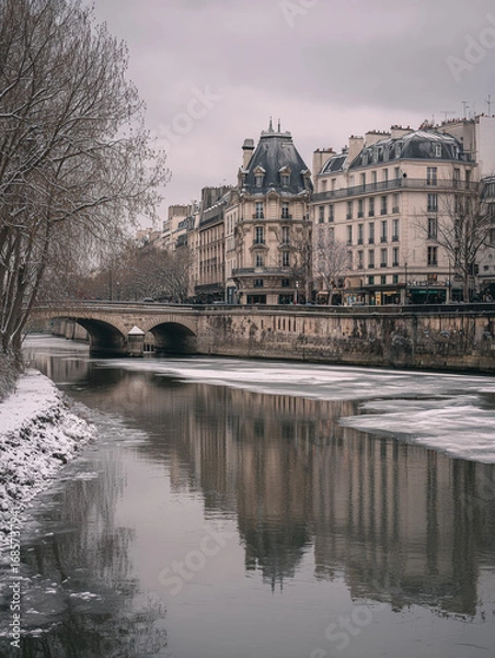 Fototapeta snowy riverbank in paris with haussmann buildings and arched stone bridge under cloudy sky
