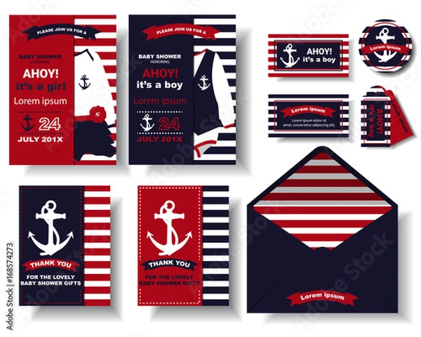 Fototapeta Set of Baby shower invitation card with marines style. Birthday card. Thank you card. Tags / Stickers.Vector/Illustration