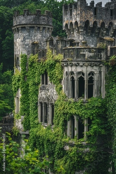 Fototapeta ancient stone castle covered in ivy surrounded by dense green forest