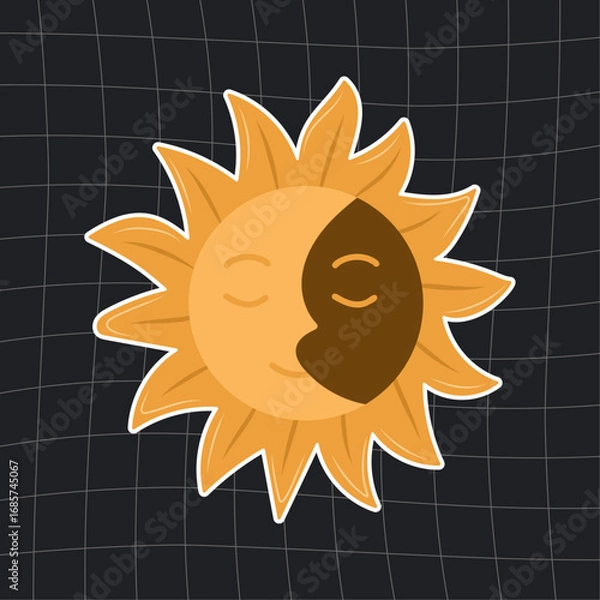 Fototapeta Sun and moon sticker  with celestial faces combined in a mystical design. Boho cosmic vector artwork perfect for astrology graphics, spiritual clipart, witchcraft symbols, celestial decor.