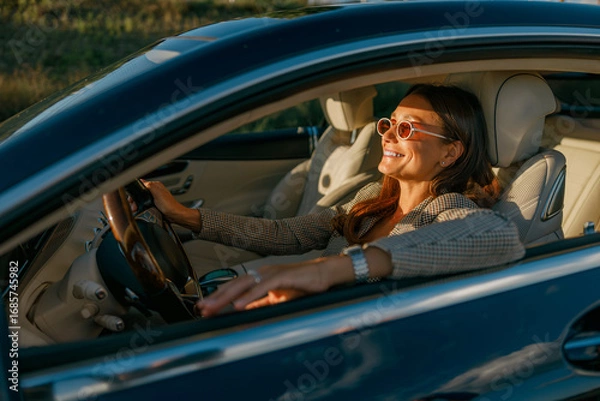 Fototapeta A joyful woman reveling in her stylish car while driving, experiencing happiness and freedom under the bright sun