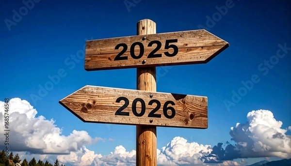 Fototapeta Signpost Indicating 2025 And 2026 Against a Sunny Sky. AI Generative Illustration