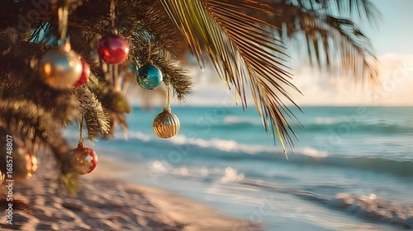 Fototapeta Christmas ornaments hanging on tropical palm tree at beach, ocean, sand, sunlight, holidays, exotic, warm, festive and coastal celebration