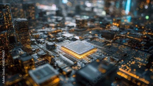 Obraz View of a futuristic cityscape illuminated by circuit patterns and glowing microchips at night
