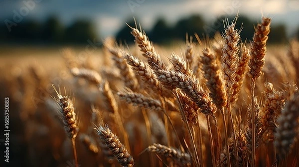 Fototapeta Golden wheat field at sunset, close-up of ripe wheat ears in warm light