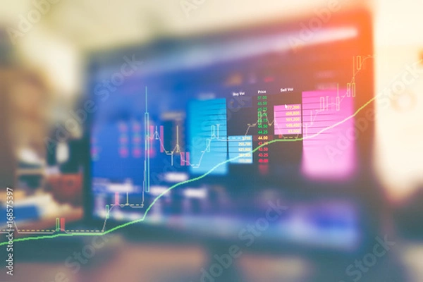 Fototapeta Stock data on trade monitor double exposure with stock graph