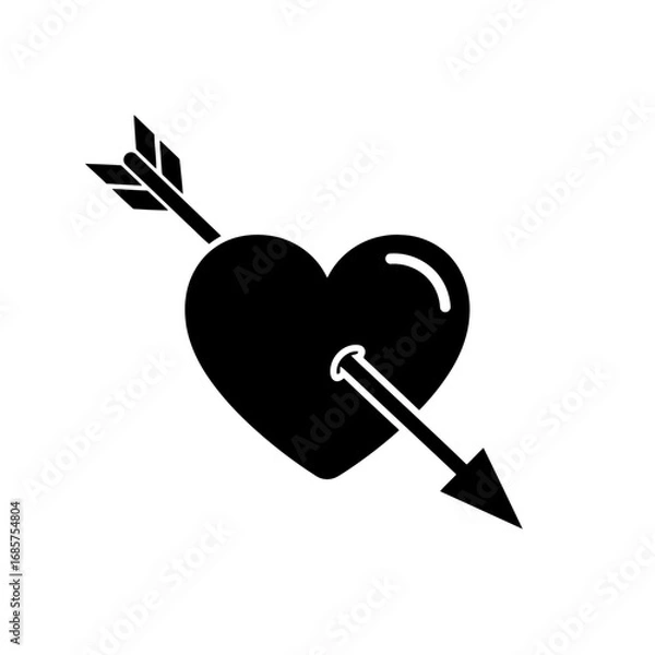Fototapeta Vector art of black silhouette of a heart pierced by an arrow, isolated on a, symbolizing love and romance