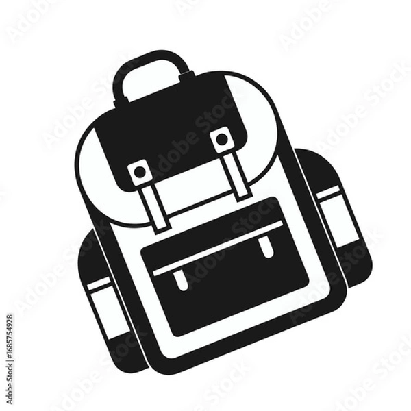 Obraz "Stylized Backpack Icon – Black and White Line Illustration Featuring Buckle Straps, Zipper Pocket, Side Compartments, and Top Handle – Ideal for Travel, School, Hiking, Outdoor Activities, and Lifest
