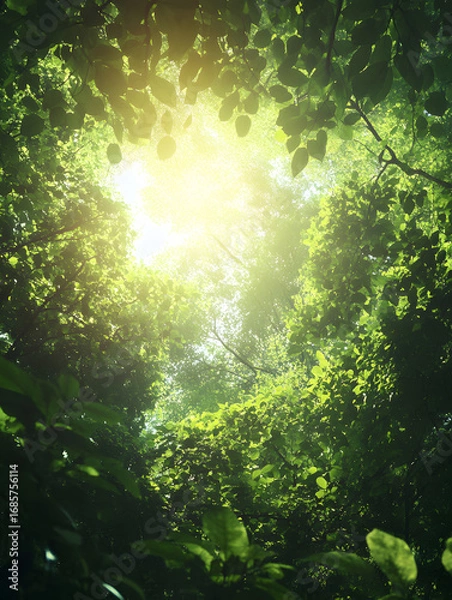 Fototapeta Scenic Spring Forest Canopy: Lush Greenery and Sunlit Trees in a Tropical Wilderness