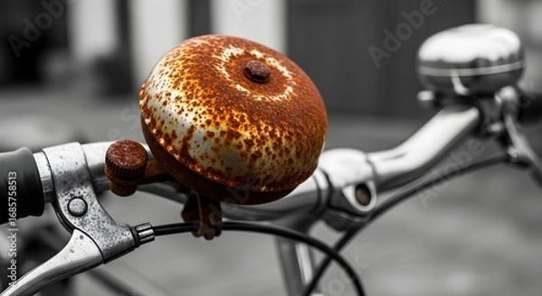 Fototapeta Detail shot of a beautifully rusted old bicycle bell mounted on classic handlebars, showcasing its age and texture with selective color.